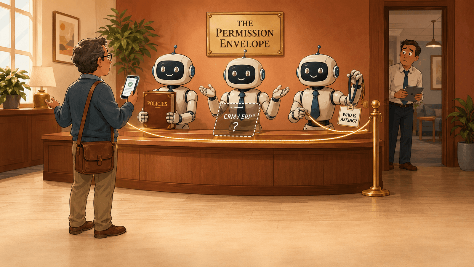 Editorial illustration of three friendly robots standing behind a customer service counter, each representing one of the three knowledge layers. The leftmost robot holds a book labeled POLICIES, the middle robot has empty hands with a translucent placeholder labeled CRM / ERP and a question mark, and the rightmost robot holds an ID badge that says WHO IS ASKING. A glowing gold rope loops around all three robots like a velvet stanchion under a wall sign that reads THE PERMISSION ENVELOPE. A customer holding a phone with an order confirmation stands in front of the counter looking from one robot to the next, while a worried manager watches from a doorway in the background.